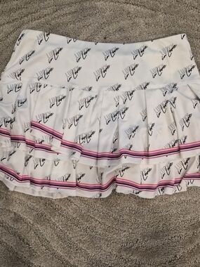 Lucky in Love White Tennis Skirt with Pink Stripe & Script Print - Size Small